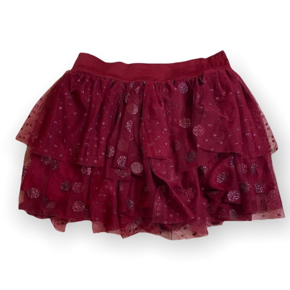 Girl’s sparkle ruffle burgundy Justice Skirt size 16 elastic waist